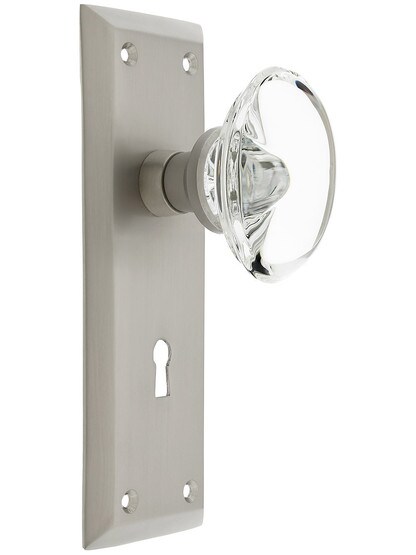 New York Plate with Oval Clear Crystal Knobs with Keyhole in Satin Nickel.